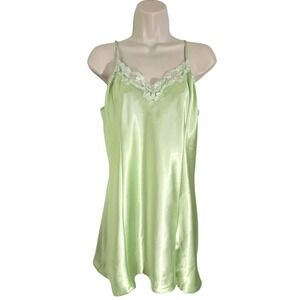 Victoria's Secret Green Lace Trim Satin Slip Dress L Nightgown Babydoll‎